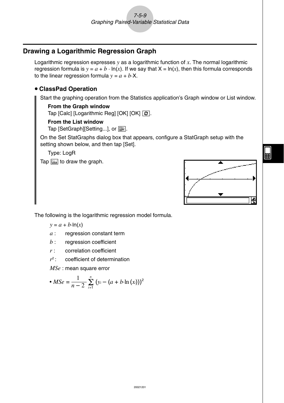 Drawing a logarithmic regression graph -5-9, Drawing a logarithmic regression graph | Casio ClassPad 300 User Manual | Page 344 / 670