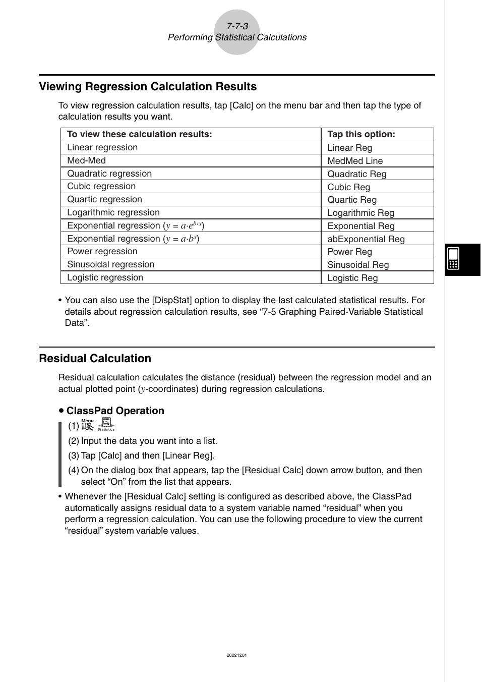 Viewing regression calculation results, Residual calculation | Casio ClassPad 300 User Manual | Page 354 / 670