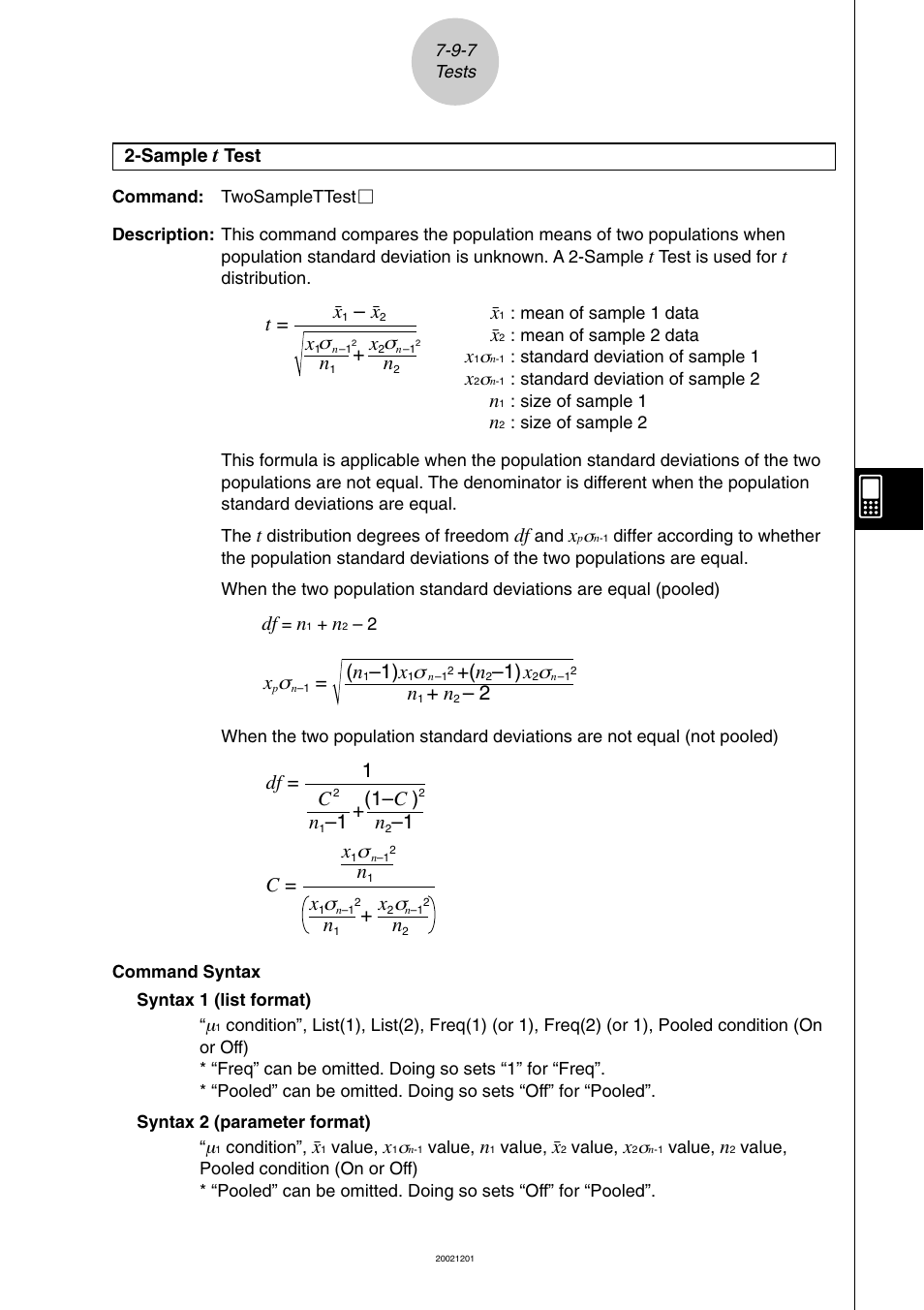 C= x, T= o, 2 ( n | 1) x, Df = 1 c, 1 + (1– c ) | Casio ClassPad 300 User Manual | Page 365 / 670