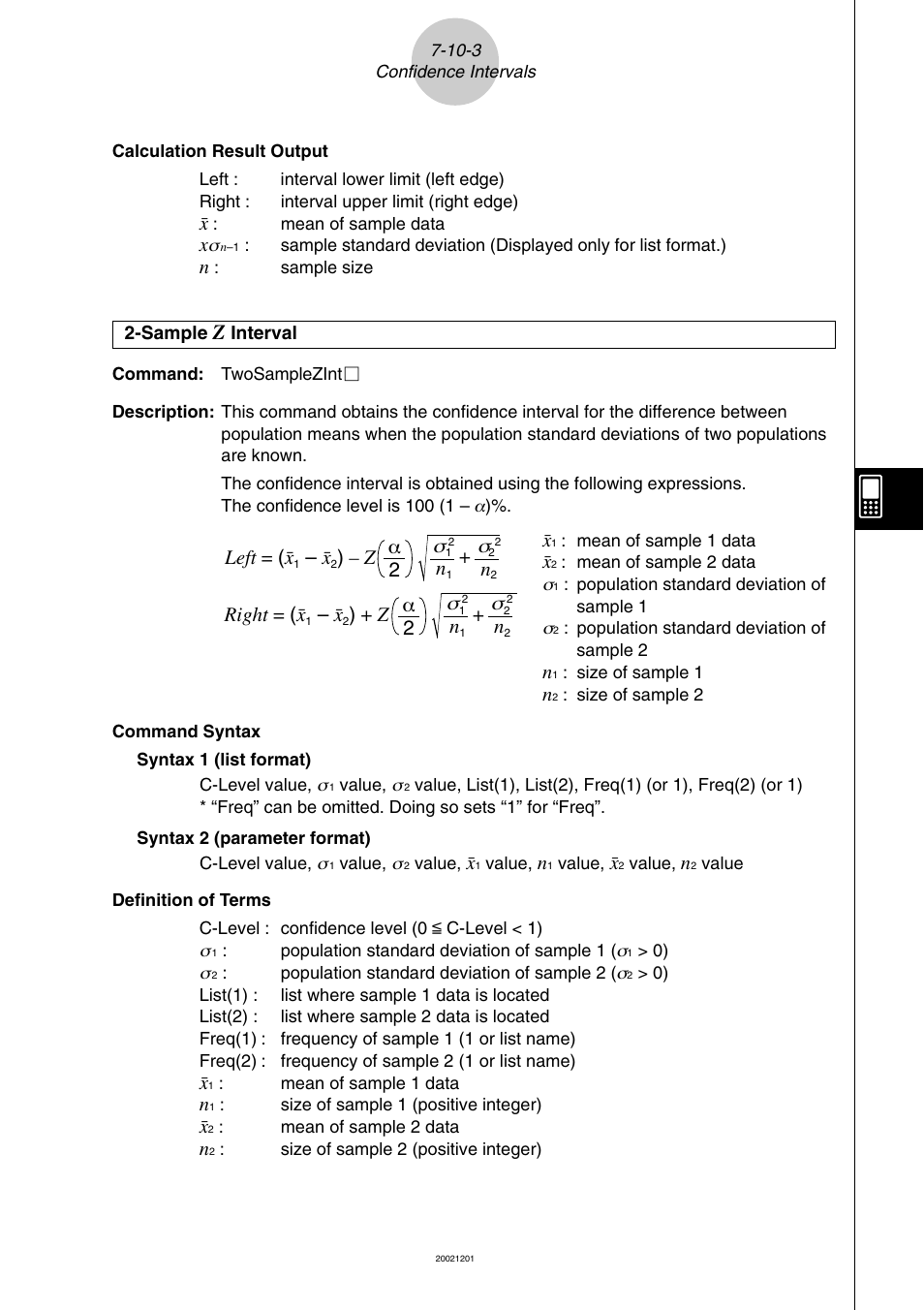 Left = ( o, Z α 2 right = ( o, Z α 2 n | Σ+ n | Casio ClassPad 300 User Manual | Page 374 / 670