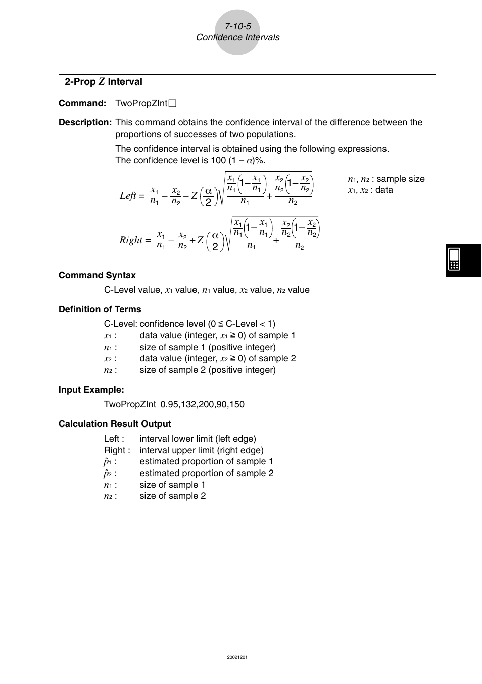 Left = – – z α 2 x, 1– n, Right = – + z α 2 x | Casio ClassPad 300 User Manual | Page 376 / 670