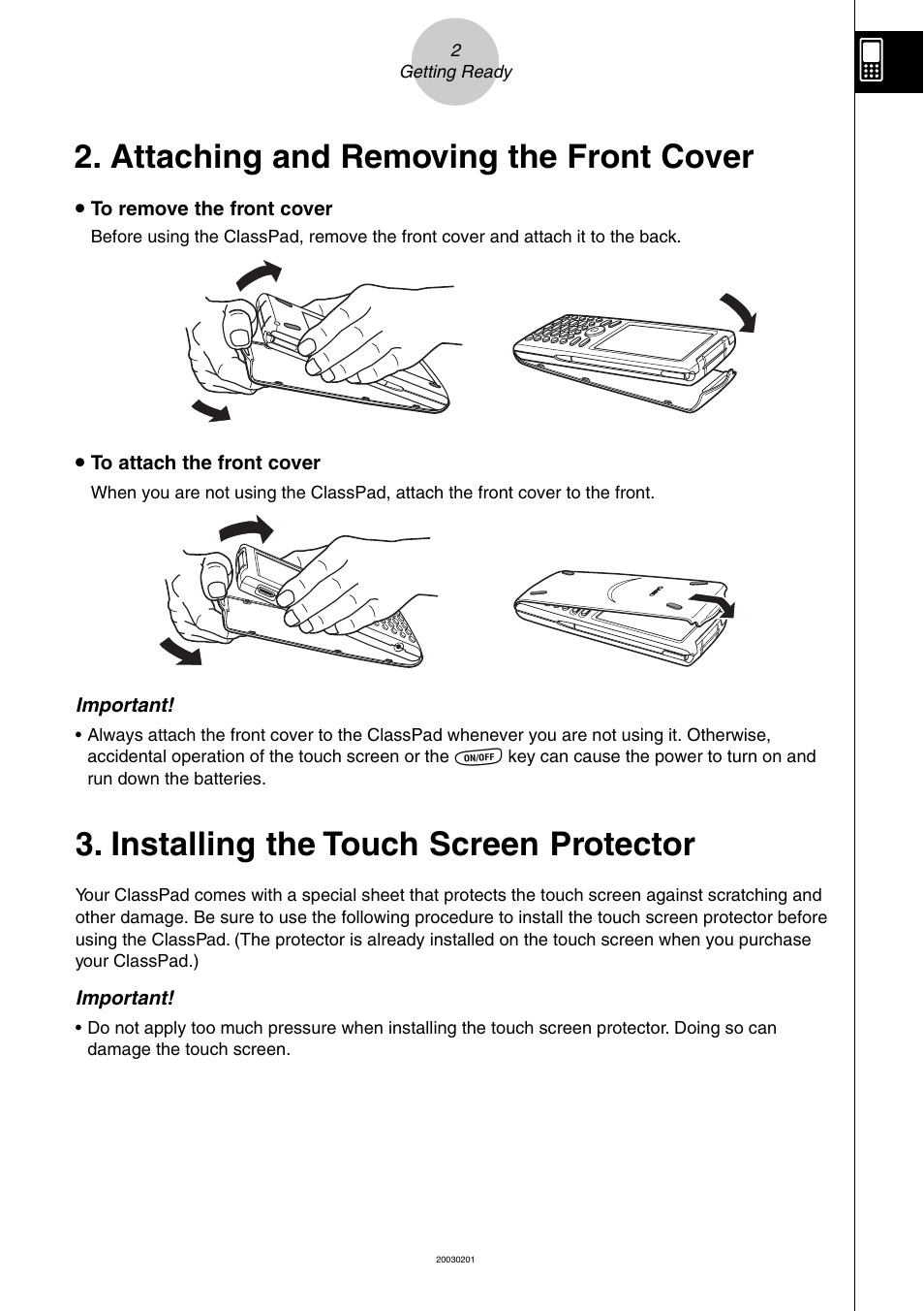 Attaching and removing the front cover, Installing the touch screen protector | Casio ClassPad 300 User Manual | Page 4 / 670