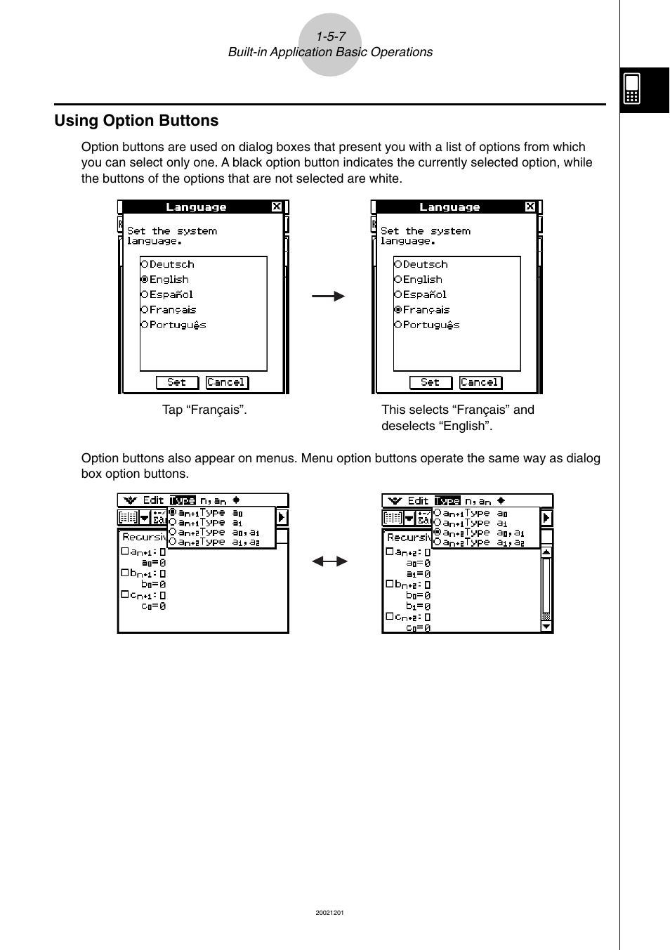 Using option buttons -5-7, Using option buttons | Casio ClassPad 300 User Manual | Page 44 / 670