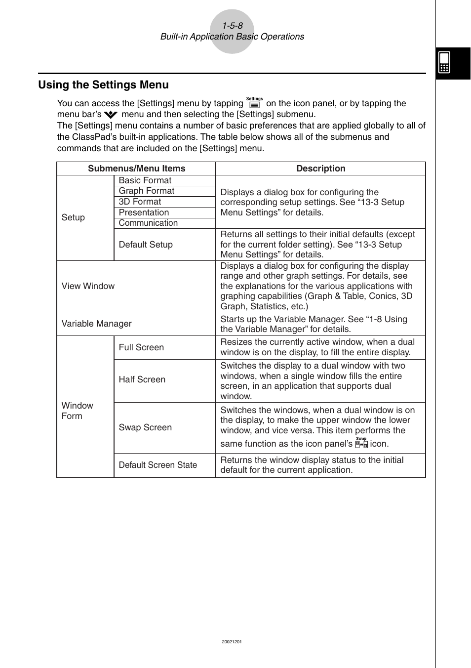 Using the settings menu -5-8, Using the settings menu | Casio ClassPad 300 User Manual | Page 45 / 670