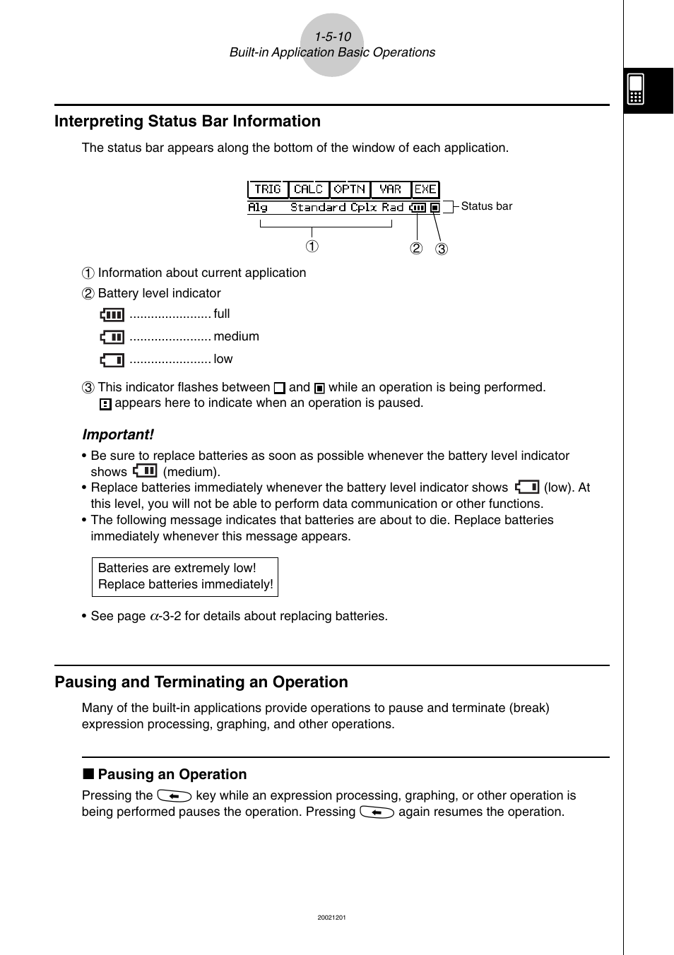 Interpreting status bar information, Pausing and terminating an operation | Casio ClassPad 300 User Manual | Page 47 / 670