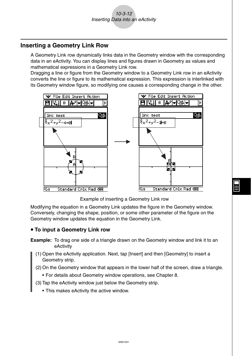 Inserting a geometry link row -3-12, Inserting a geometry link row | Casio ClassPad 300 User Manual | Page 479 / 670