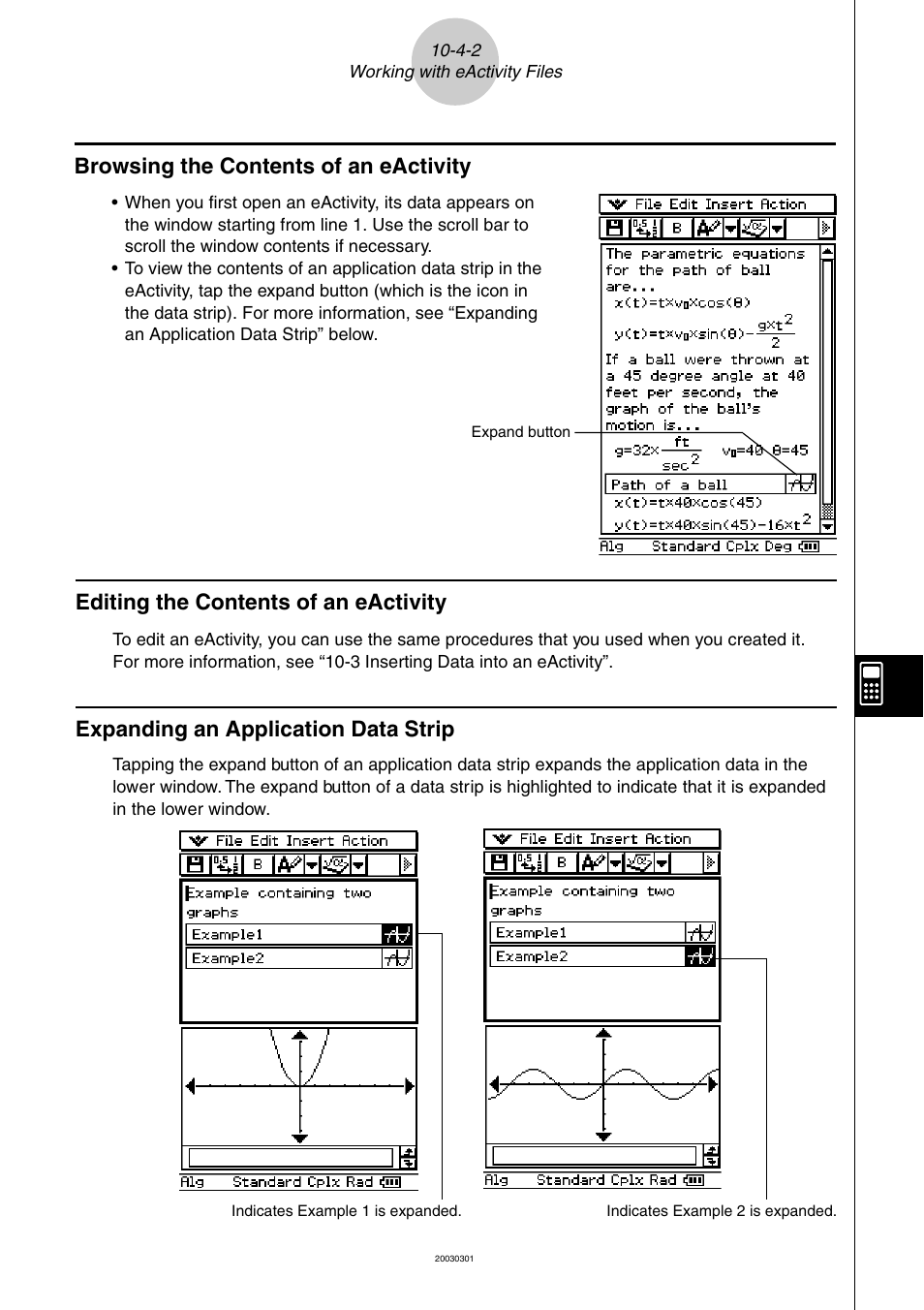 Editing the contents of an eactivity, Expanding an application data strip, Browsing the contents of an eactivity | Casio ClassPad 300 User Manual | Page 482 / 670