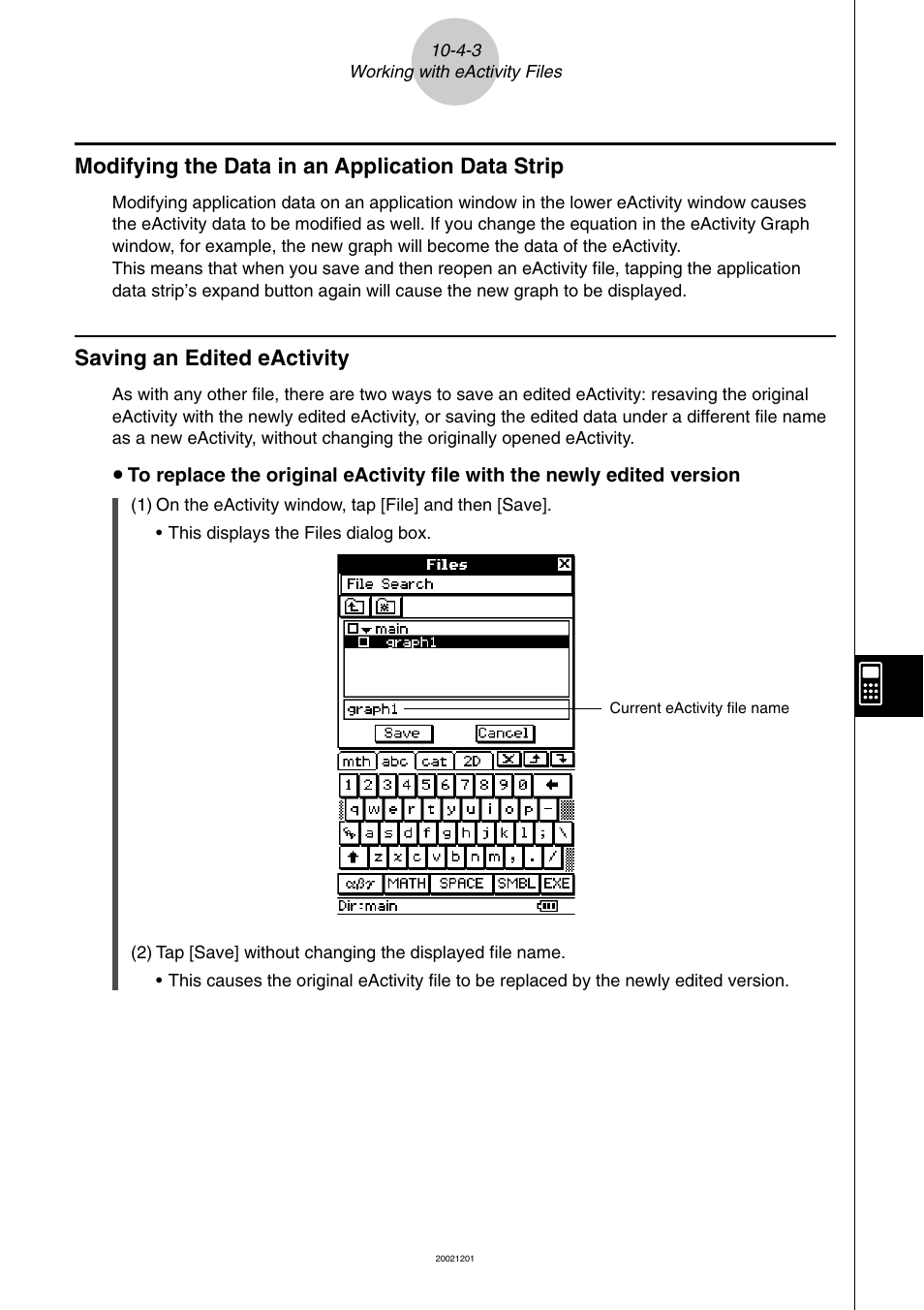 Modifying the data in an application data strip, Saving an edited eactivity | Casio ClassPad 300 User Manual | Page 483 / 670