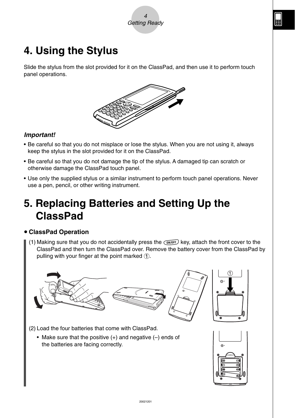 Using the stylus, Replacing batteries and setting up the classpad | Casio ClassPad 300 User Manual | Page 6 / 670