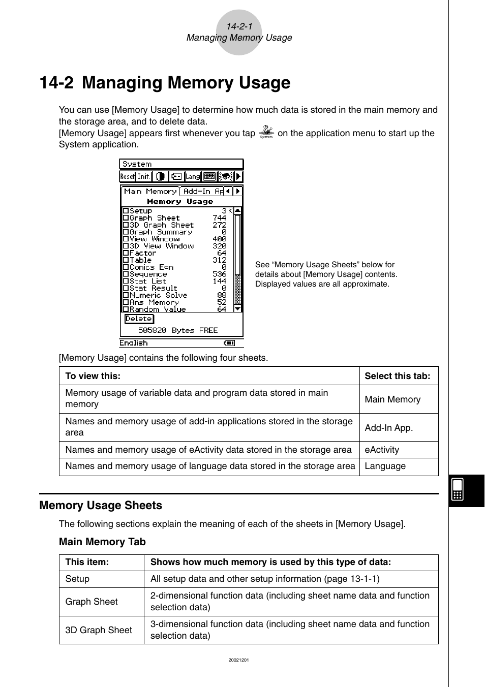 2 managing memory usage, 2 managing memory usage -2-1, Memory usage sheets -2-1 | Casio ClassPad 300 User Manual | Page 603 / 670