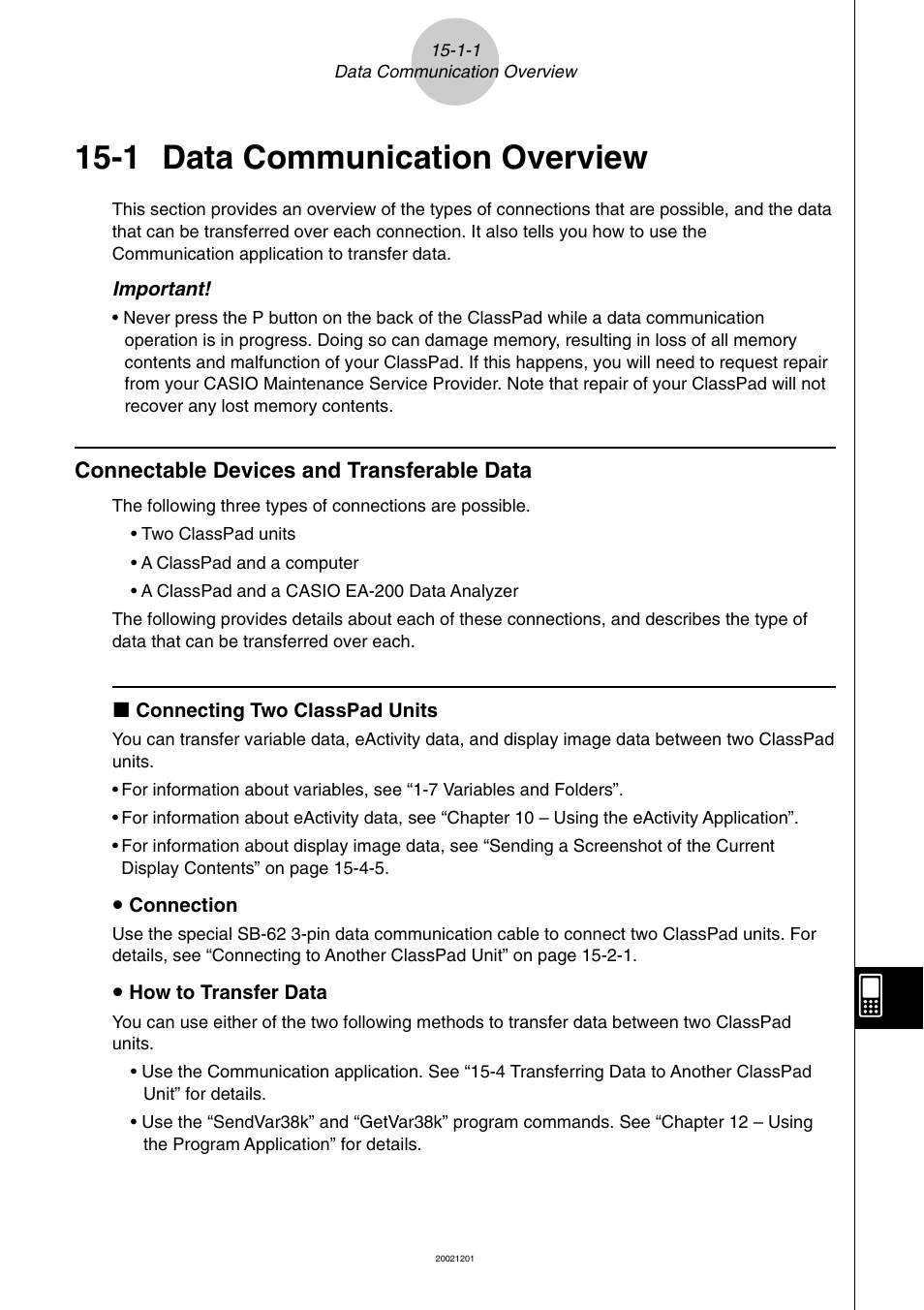 1 data communication overview, 1 data communication overview -1-1, Connectable devices and transferable data -1-1 | Data communication overview | Casio ClassPad 300 User Manual | Page 618 / 670