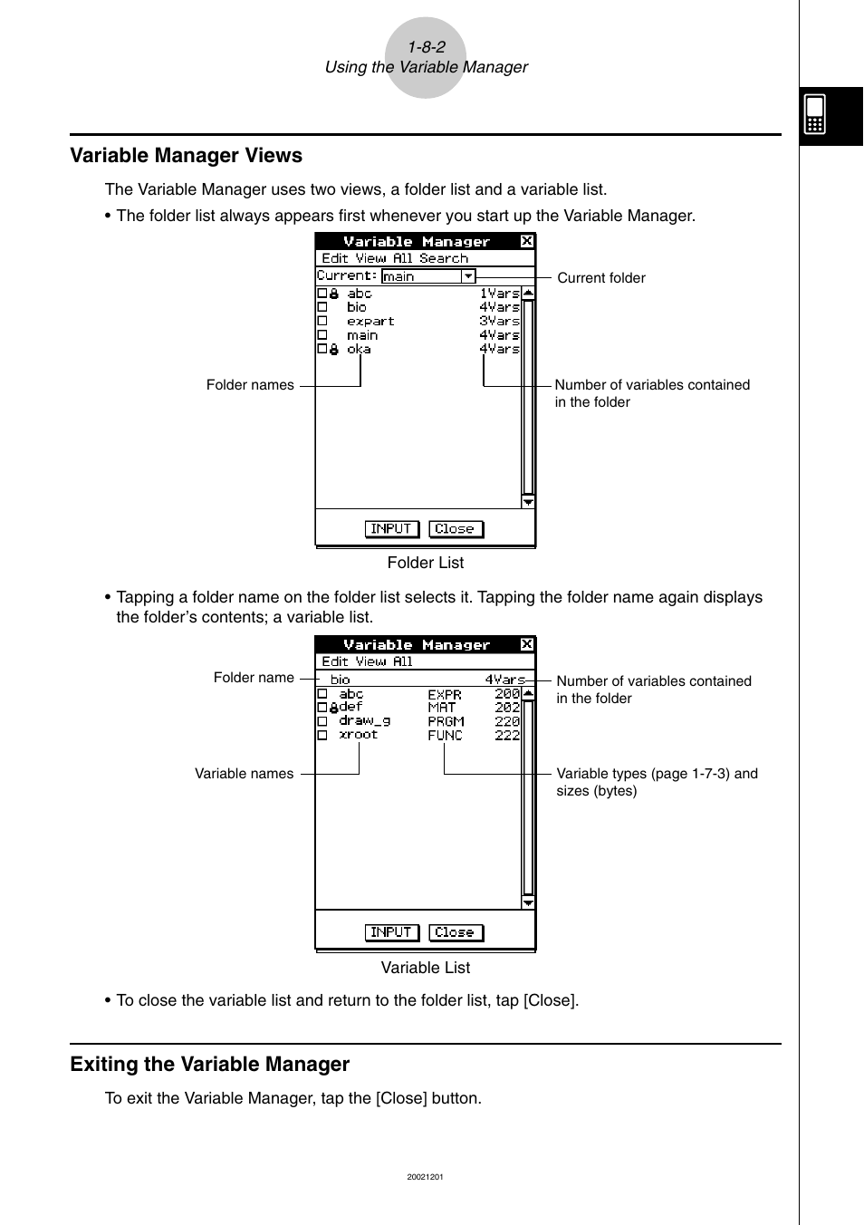 Exiting the variable manager, Variable manager views | Casio ClassPad 300 User Manual | Page 78 / 670