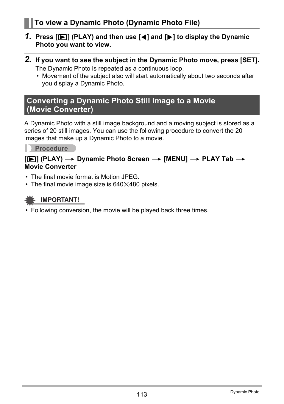 To view a dynamic photo (dynamic photo file) | Casio EX-H30 User Manual | Page 113 / 196