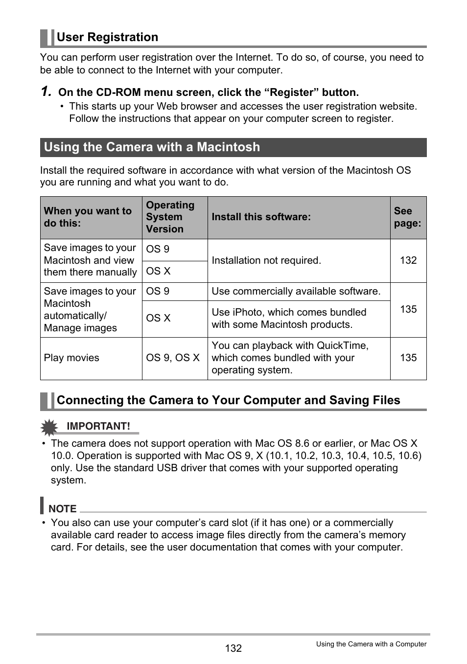 User registration, Using the camera with a macintosh | Casio EX-H30 User Manual | Page 132 / 196