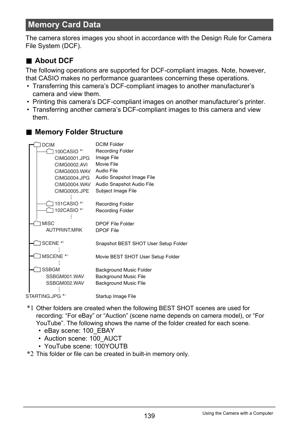 Memory card data, Nized in memory, see “memory folder, About dcf | Casio EX-H30 User Manual | Page 139 / 196