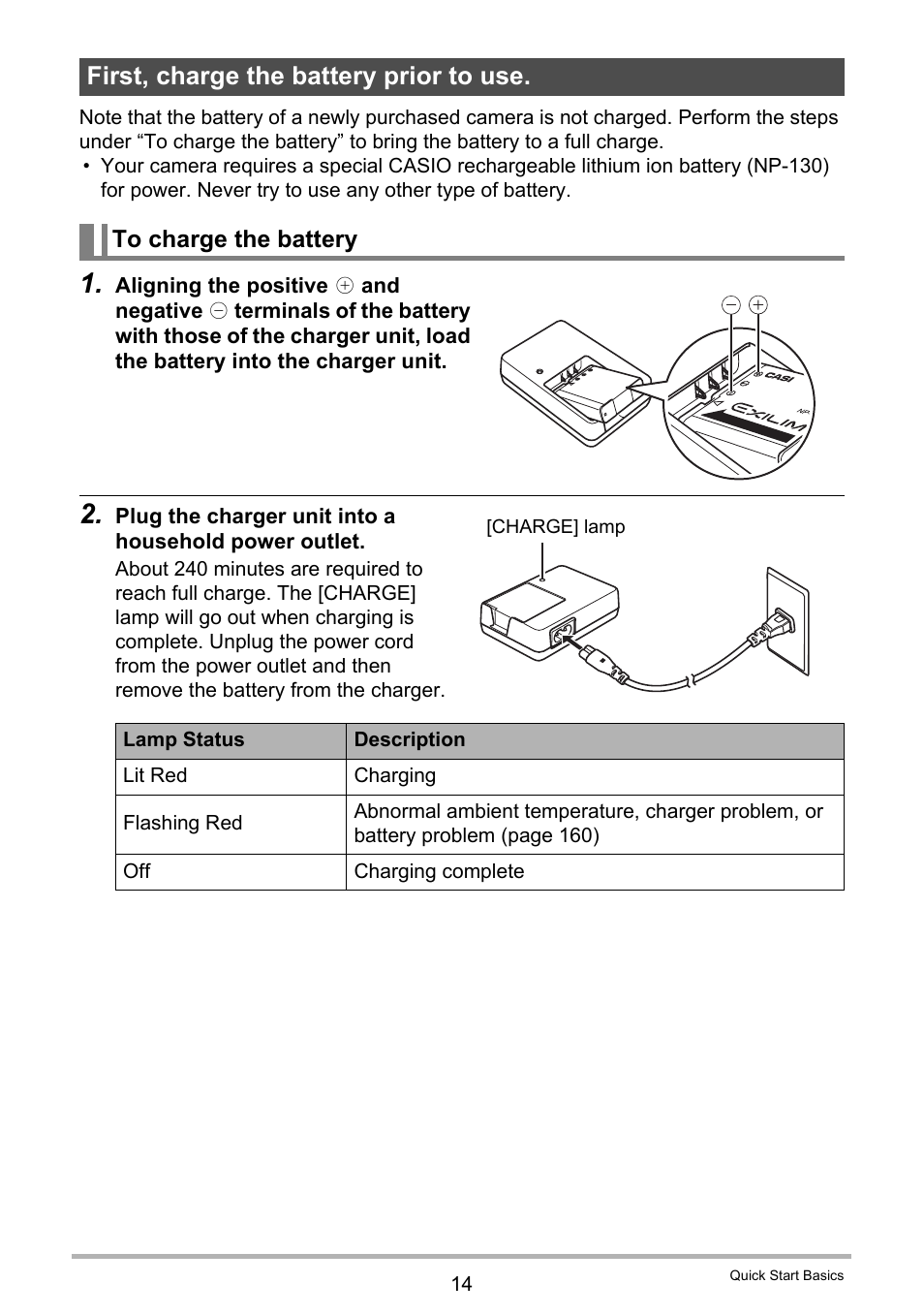 First, charge the battery prior to use, To charge the battery | Casio EX-H30 User Manual | Page 14 / 196