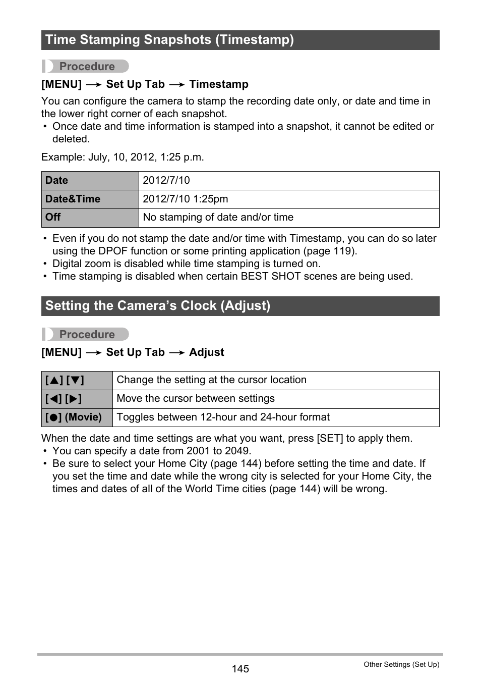 Time stamping snapshots (timestamp), Setting the camera’s clock (adjust) | Casio EX-H30 User Manual | Page 145 / 196