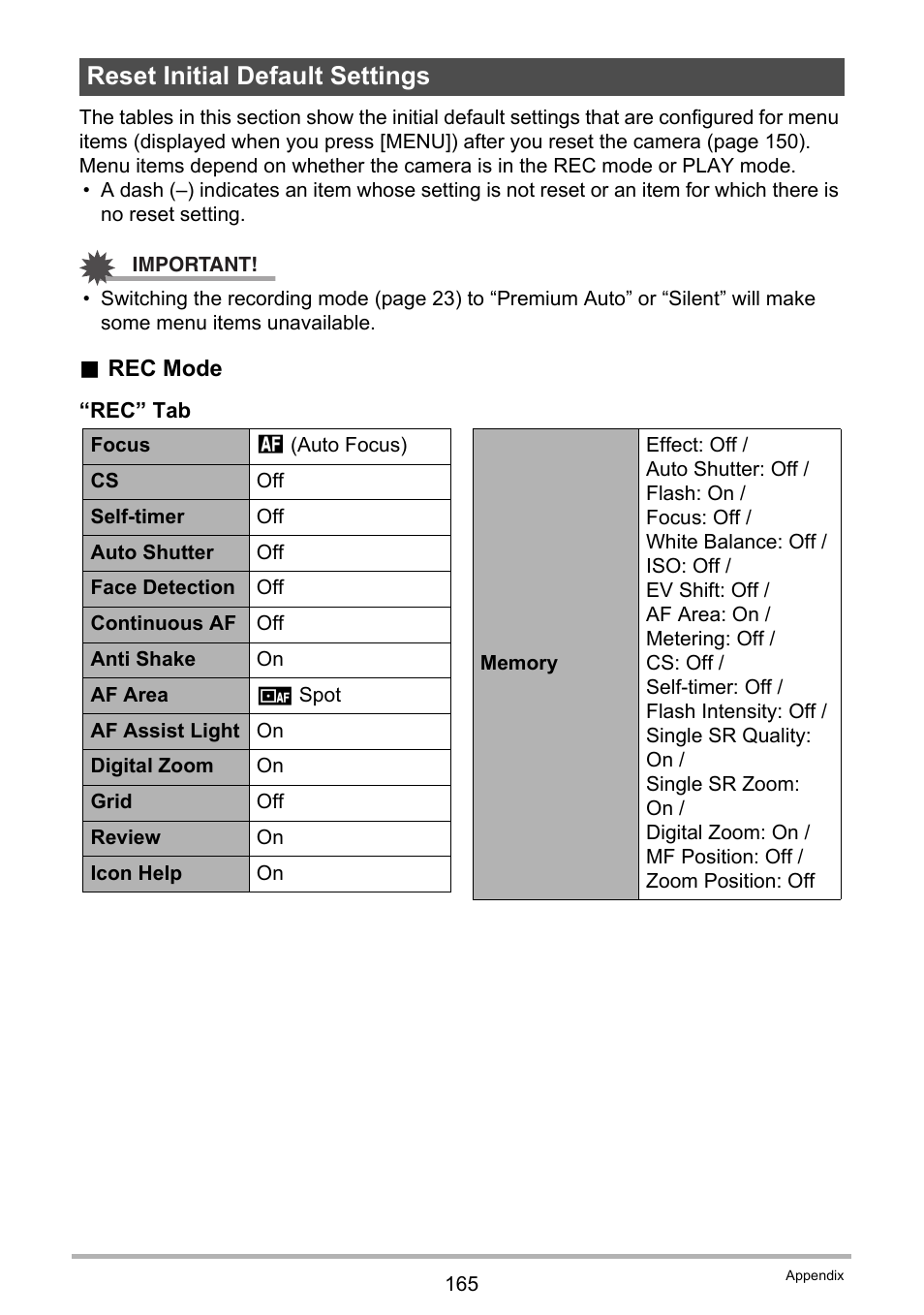 Reset initial default settings | Casio EX-H30 User Manual | Page 165 / 196