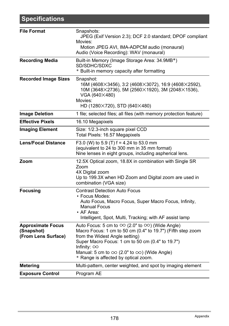 Specifications | Casio EX-H30 User Manual | Page 178 / 196