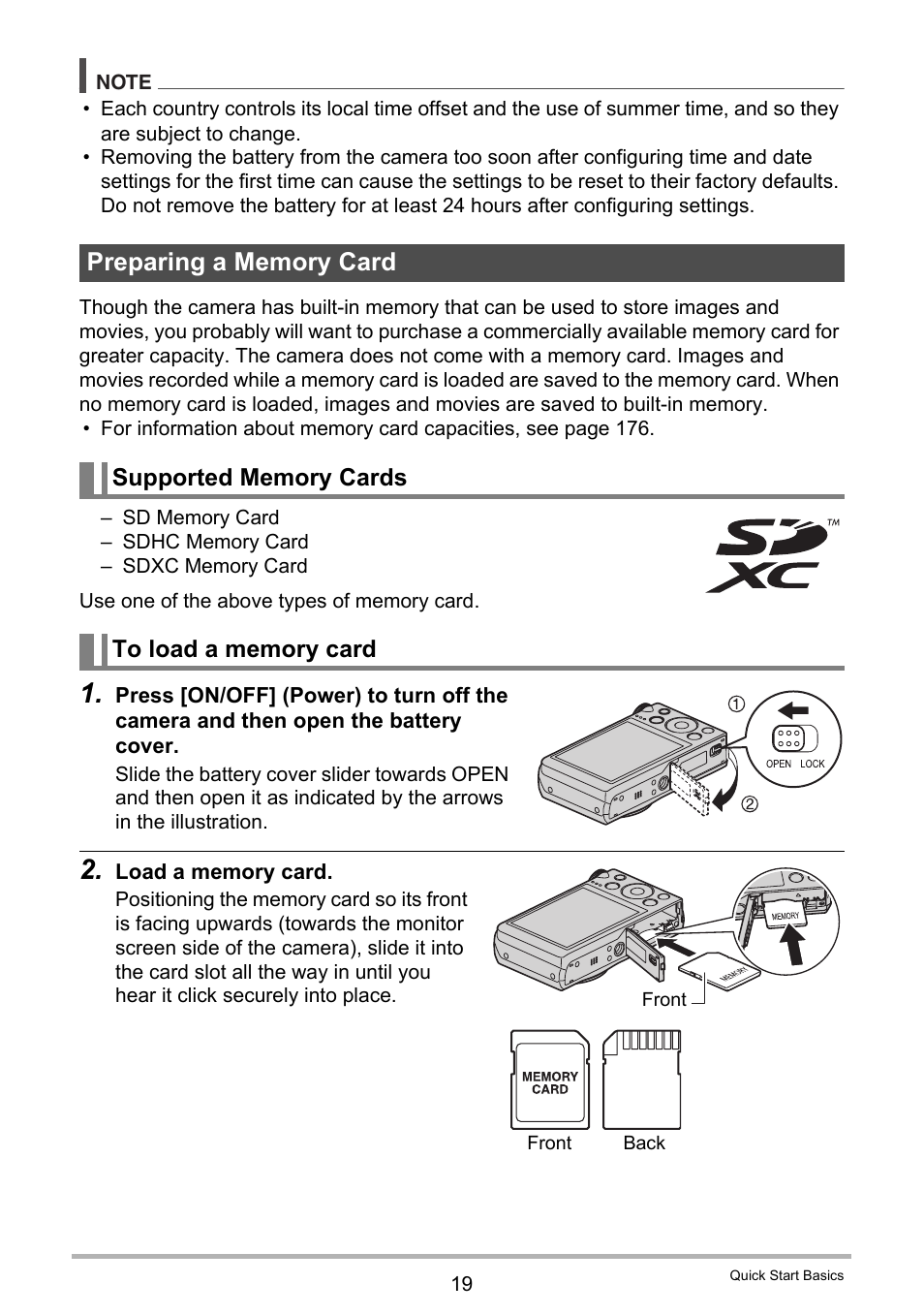 Preparing a memory card, Supported memory cards, To load a memory card | Casio EX-H30 User Manual | Page 19 / 196