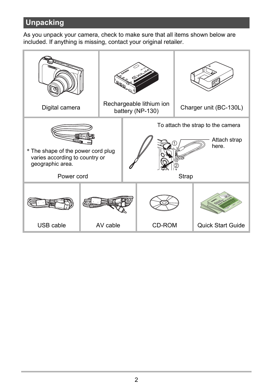 Unpacking | Casio EX-H30 User Manual | Page 2 / 196