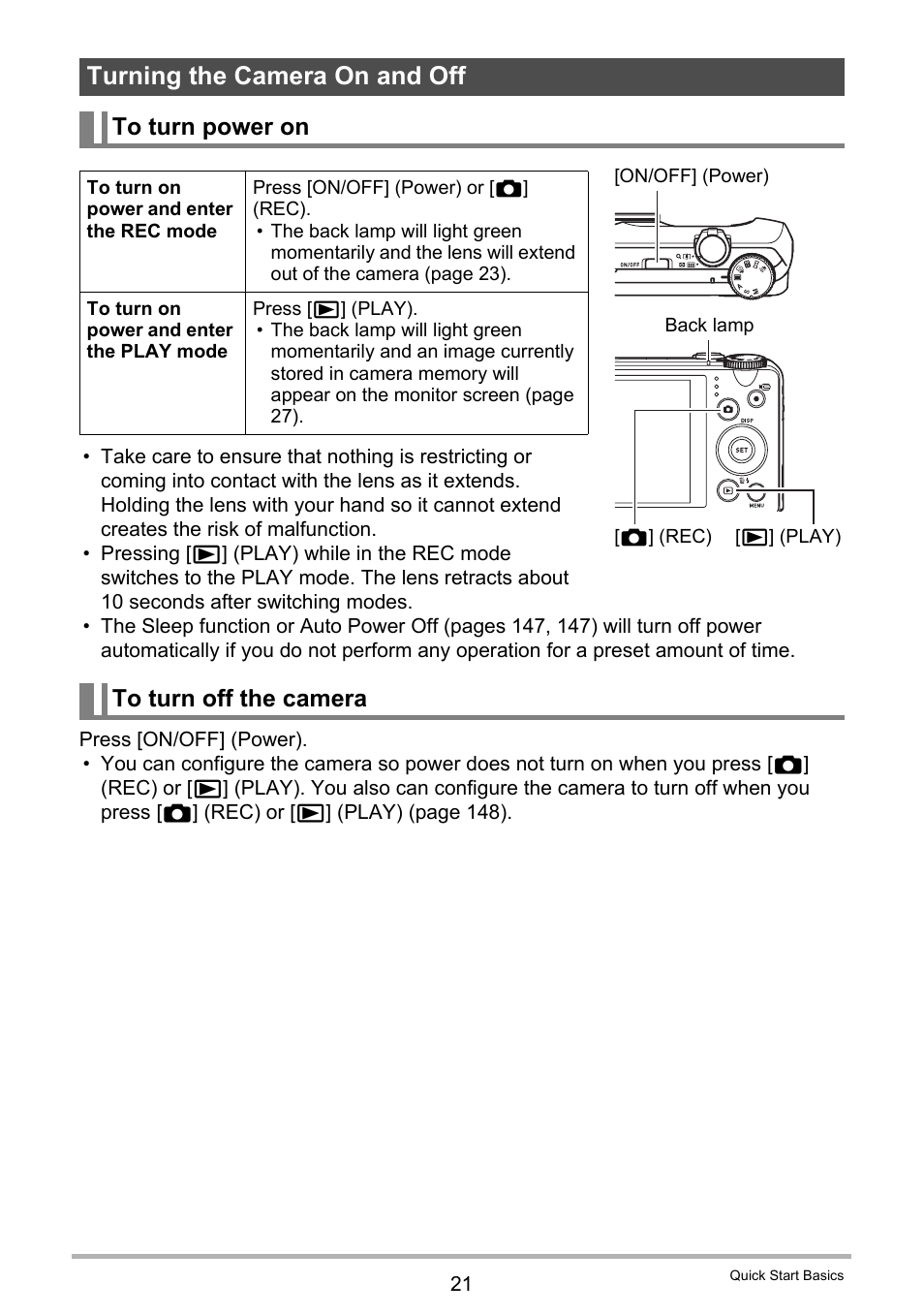 Turning the camera on and off, To turn power on, To turn off the camera | Casio EX-H30 User Manual | Page 21 / 196