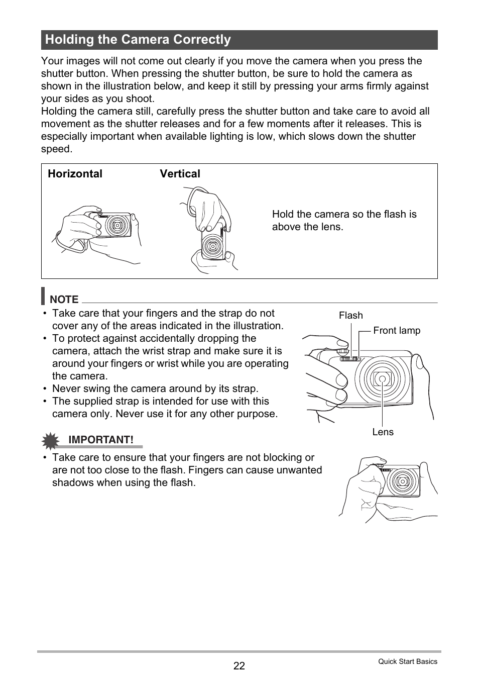 Holding the camera correctly | Casio EX-H30 User Manual | Page 22 / 196