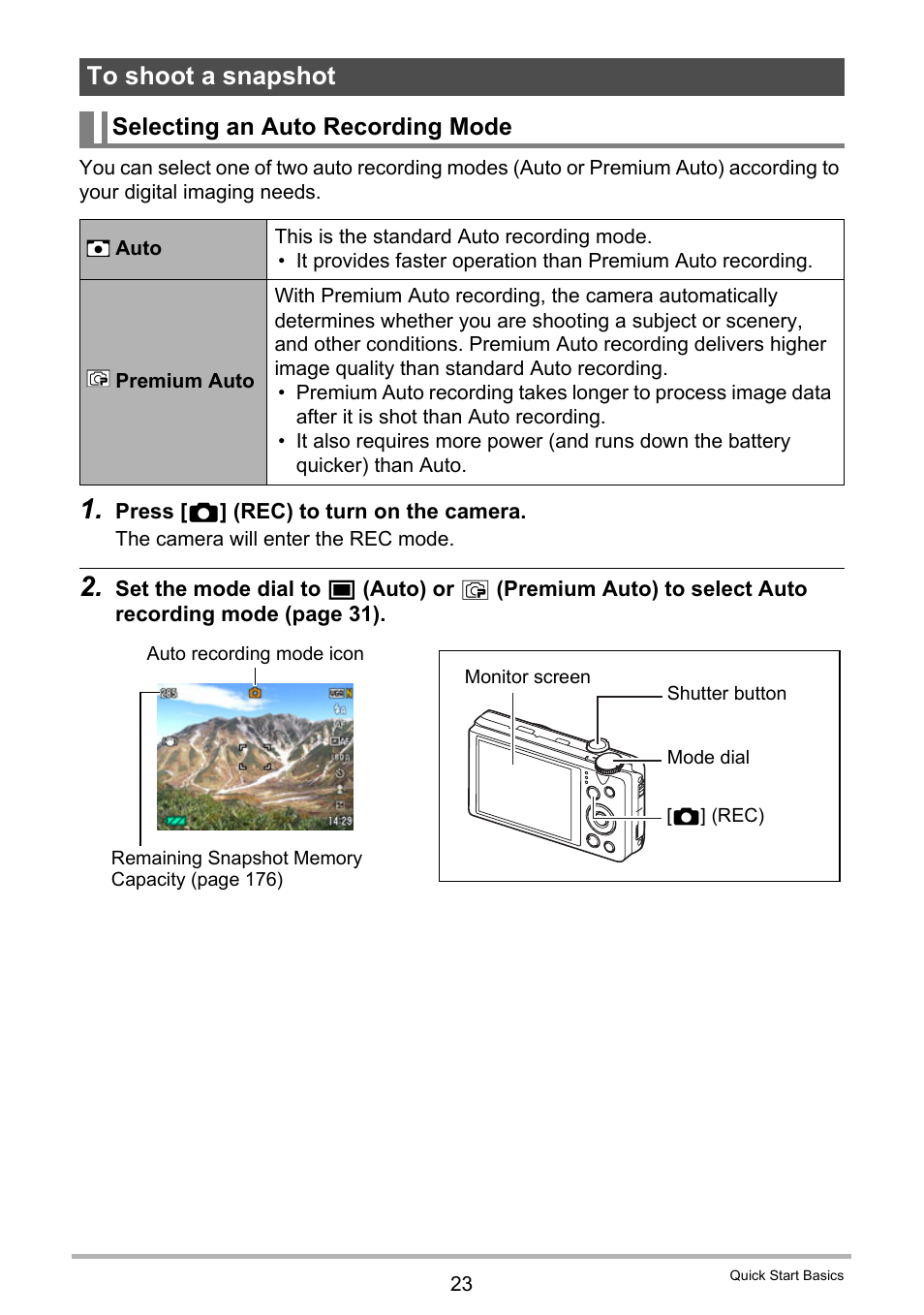 To shoot a snapshot, Selecting an auto recording mode, E 23 | Casio EX-H30 User Manual | Page 23 / 196