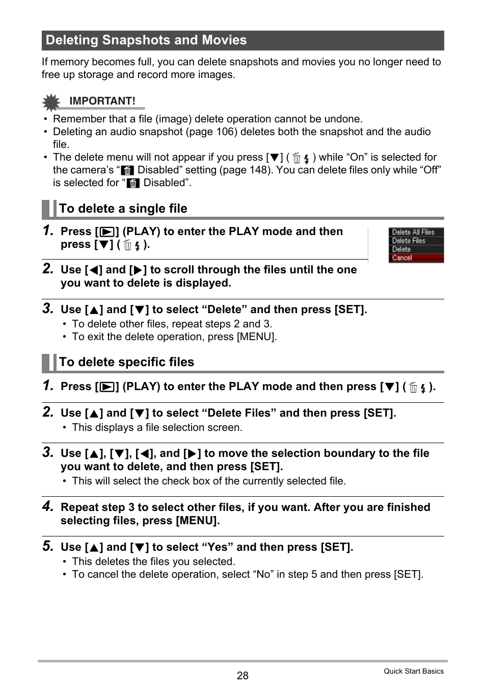 Deleting snapshots and movies, To delete a single file, To delete specific files | Casio EX-H30 User Manual | Page 28 / 196