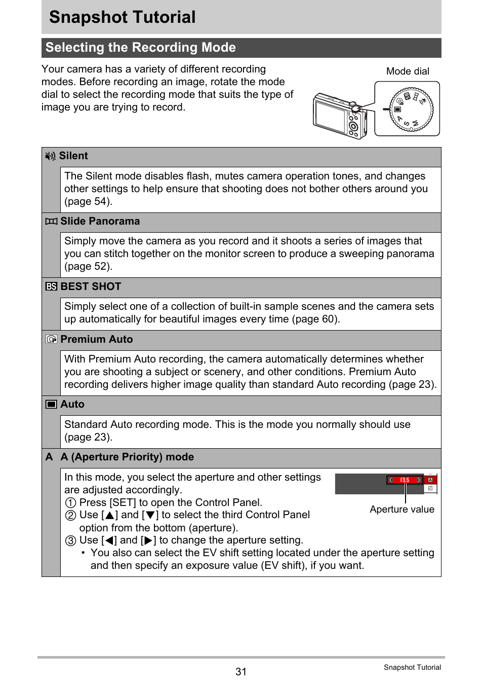 Snapshot tutorial, Selecting the recording mode | Casio EX-H30 User Manual | Page 31 / 196