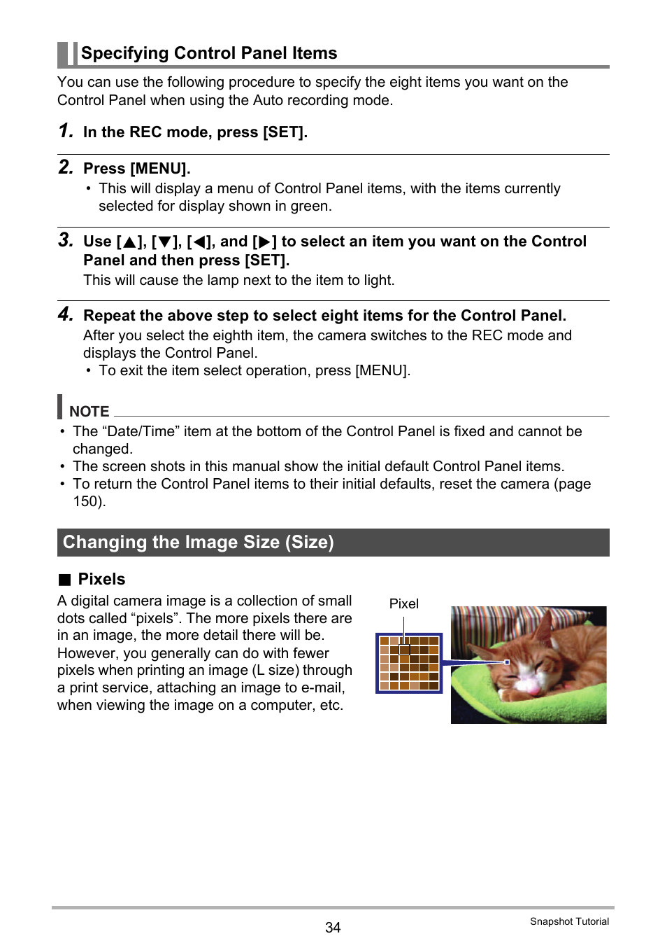 Specifying control panel items, Changing the image size (size) | Casio EX-H30 User Manual | Page 34 / 196