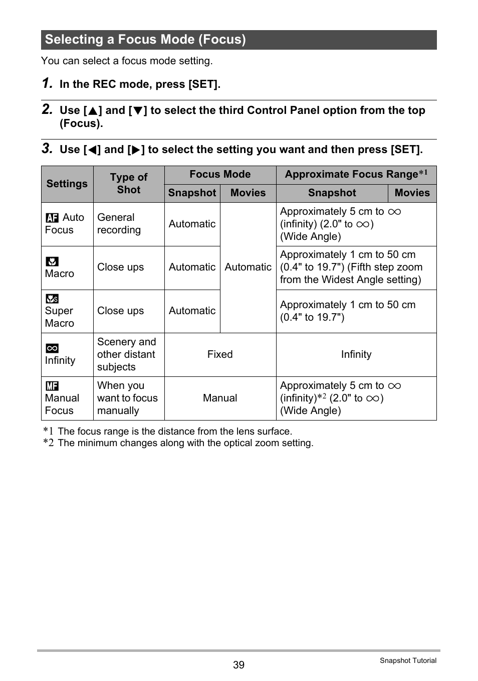 Selecting a focus mode (focus) | Casio EX-H30 User Manual | Page 39 / 196