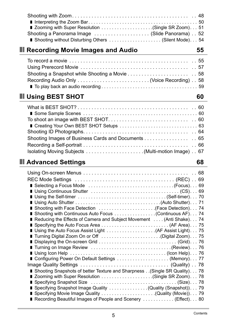 Recording movie images and audio 55, Using best shot 60, Advanced settings 68 | Casio EX-H30 User Manual | Page 5 / 196