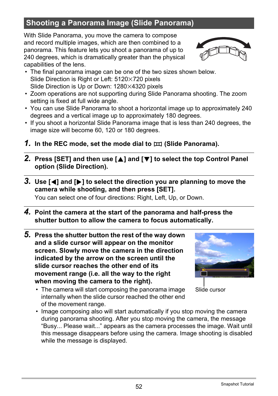 Shooting a panorama image (slide panorama) | Casio EX-H30 User Manual | Page 52 / 196