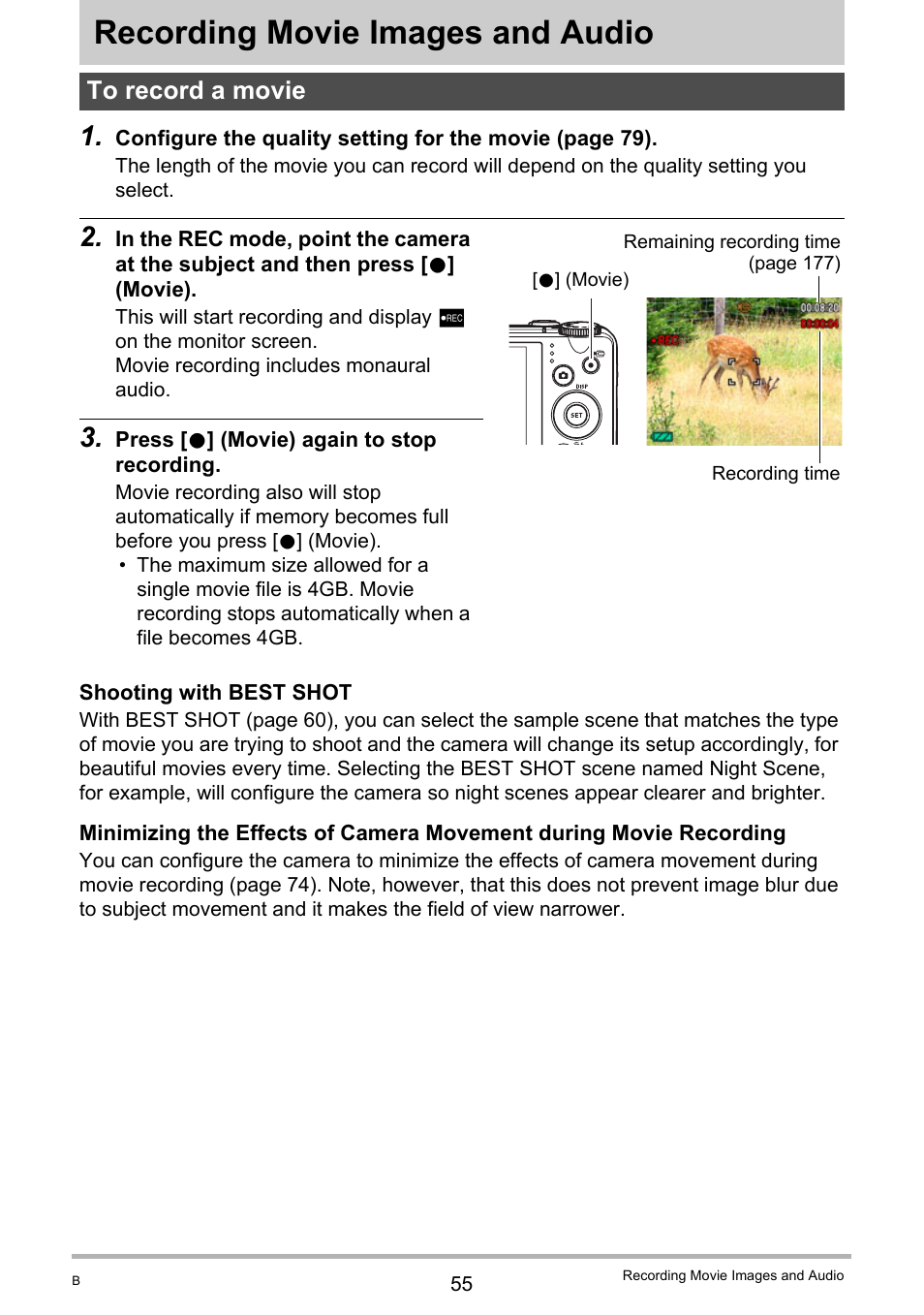 Recording movie images and audio, To record a movie | Casio EX-H30 User Manual | Page 55 / 196