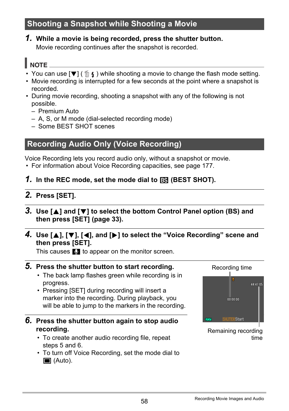 Shooting a snapshot while shooting a movie, Recording audio only (voice recording) | Casio EX-H30 User Manual | Page 58 / 196