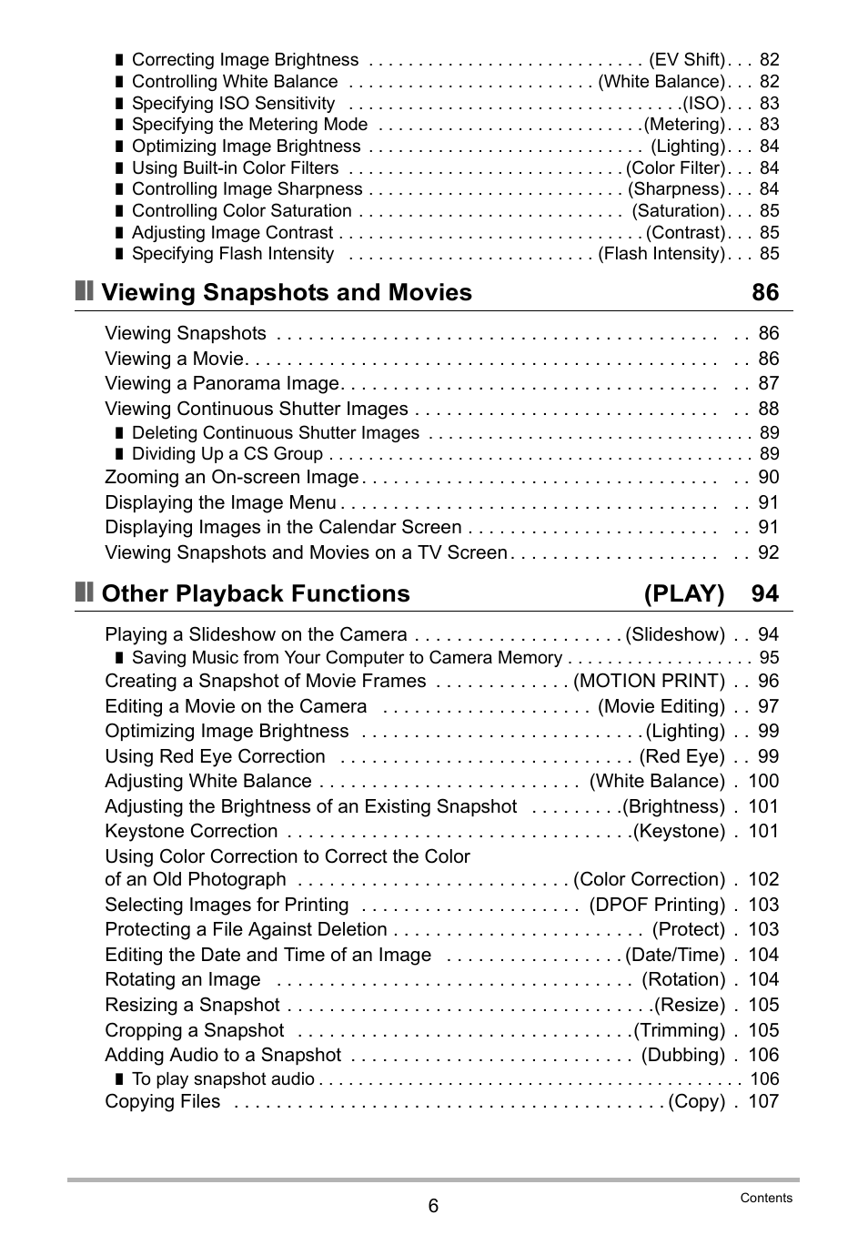 Viewing snapshots and movies 86, Other playback functions (play) 94 | Casio EX-H30 User Manual | Page 6 / 196