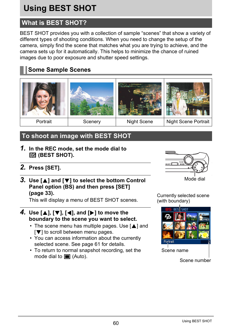 Using best shot, What is best shot, Some sample scenes | To shoot an image with best shot, 60), you can sel | Casio EX-H30 User Manual | Page 60 / 196