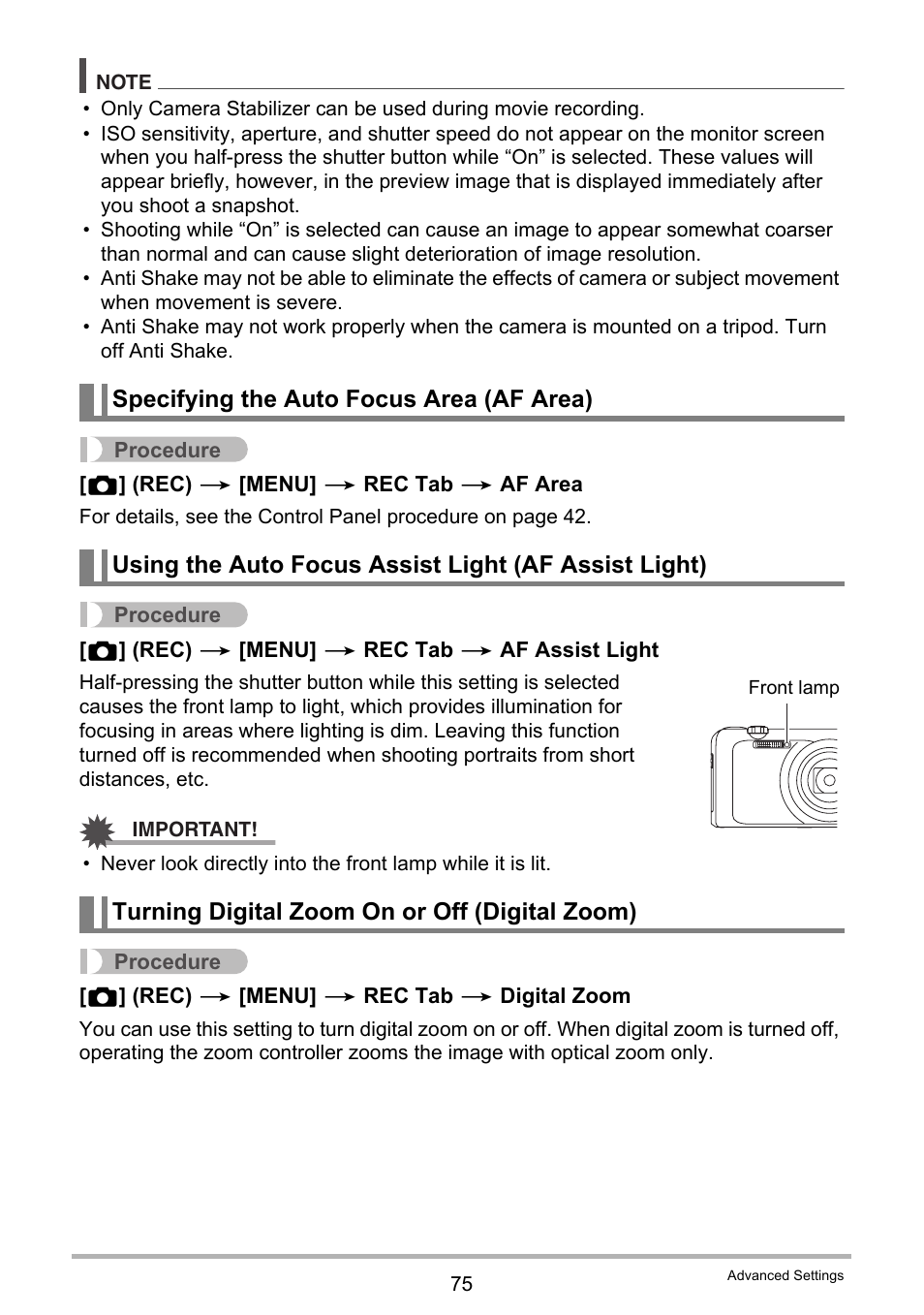 Specifying the auto focus area (af area), Turning digital zoom on or off (digital zoom) | Casio EX-H30 User Manual | Page 75 / 196