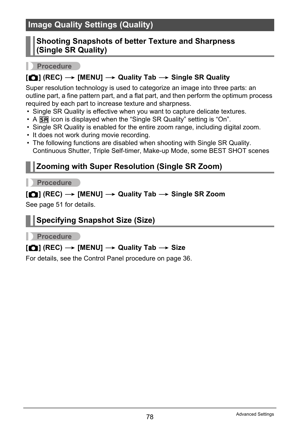 Image quality settings (quality), Zooming with super resolution (single sr zoom), Specifying snapshot size (size) | Casio EX-H30 User Manual | Page 78 / 196