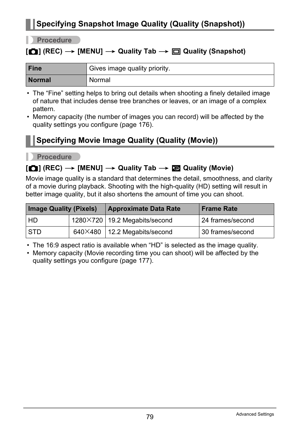 Specifying movie image quality (quality (movie)) | Casio EX-H30 User Manual | Page 79 / 196