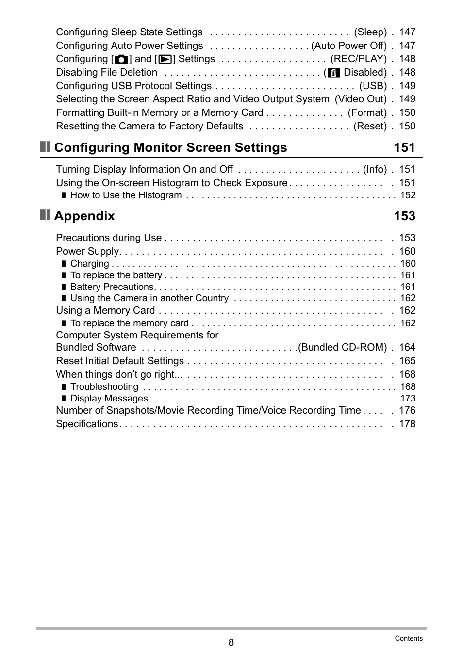 Configuring monitor screen settings 151, Appendix 153 | Casio EX-H30 User Manual | Page 8 / 196