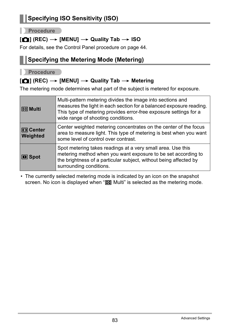 Specifying iso sensitivity (iso), Specifying the metering mode (metering) | Casio EX-H30 User Manual | Page 83 / 196