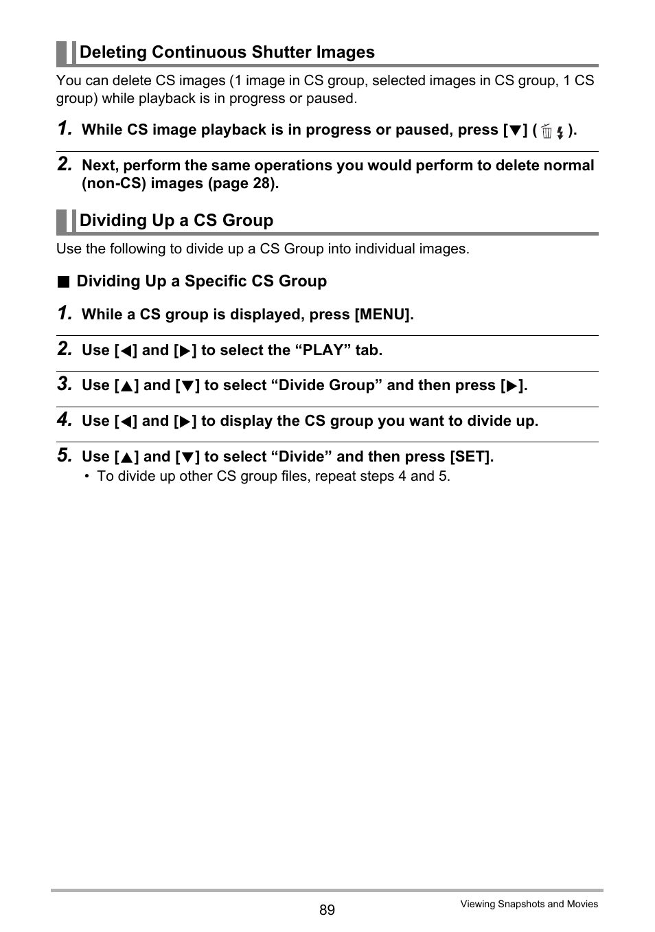 Deleting continuous shutter images, Dividing up a cs group | Casio EX-H30 User Manual | Page 89 / 196
