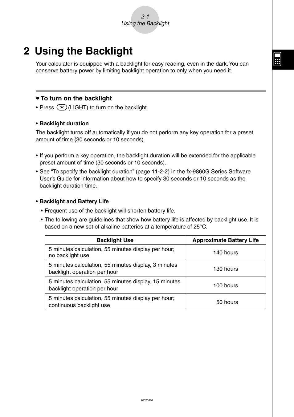 2 using the backlight, 2 using, Backlight | Casio SLIM HARDWARE FX-9860G User Manual | Page 10 / 19