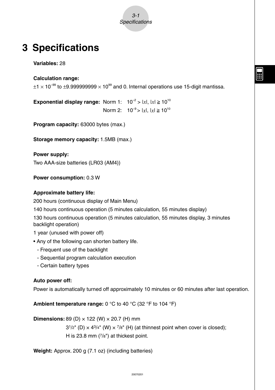 3 specifi cations | Casio SLIM HARDWARE FX-9860G User Manual | Page 11 / 19