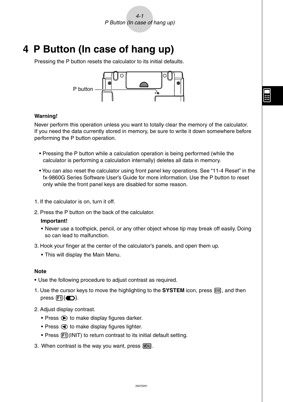 4 p button (in case of hang up) | Casio SLIM HARDWARE FX-9860G User Manual | Page 13 / 19