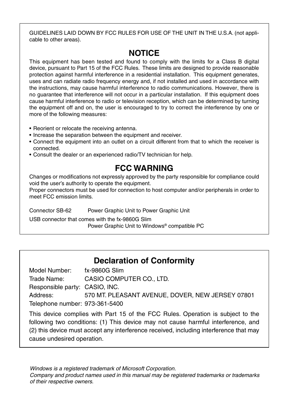Notice, Fcc warning, Declaration of conformity | Casio SLIM HARDWARE FX-9860G User Manual | Page 2 / 19