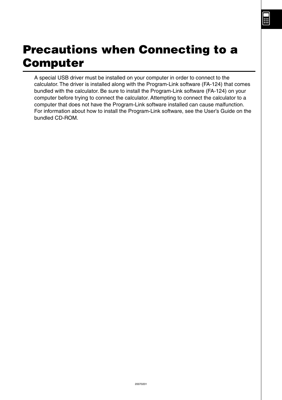 Precautions when connecting to a computer | Casio SLIM HARDWARE FX-9860G User Manual | Page 5 / 19