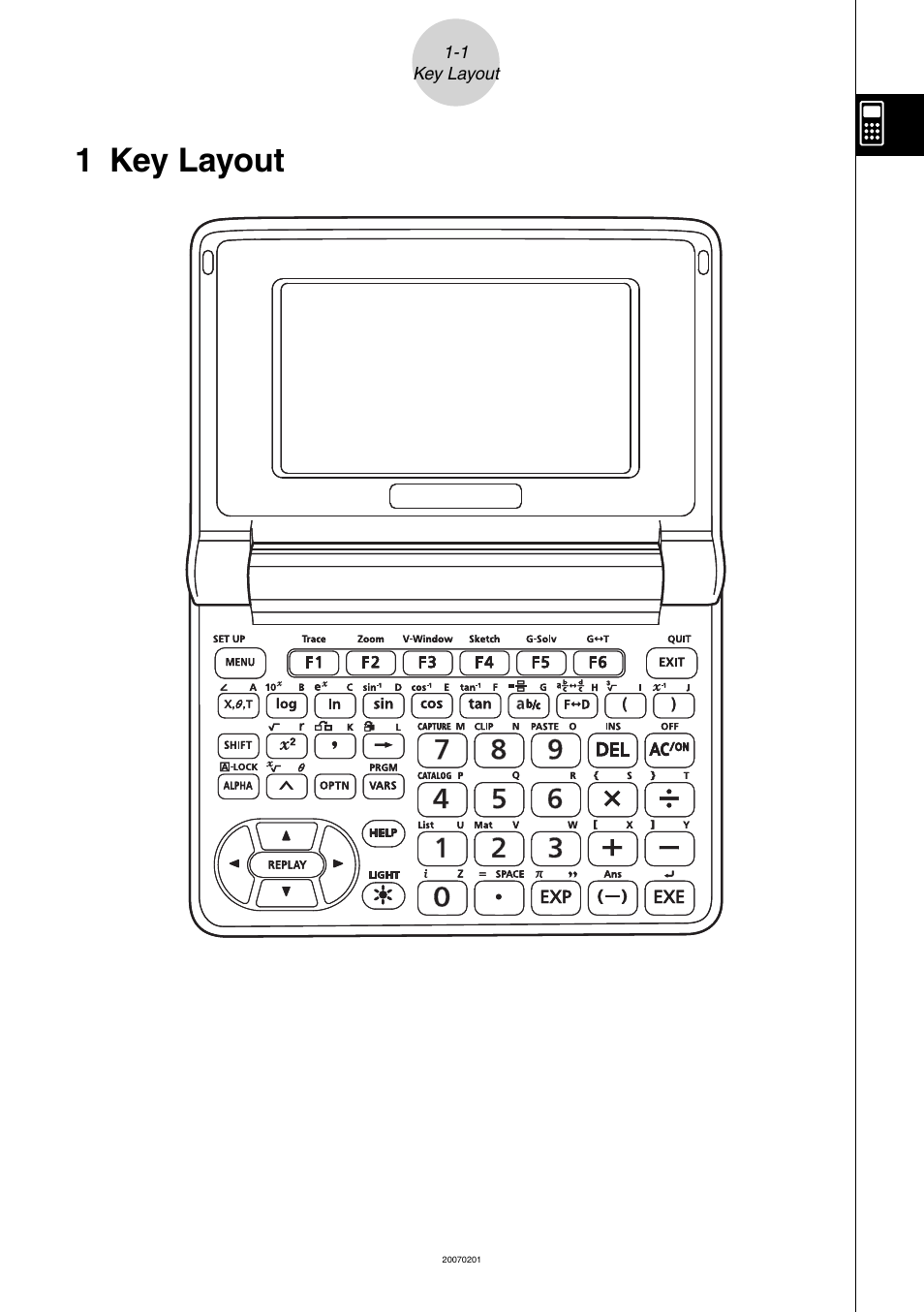 1 key layout, 1 key, Layout | Casio SLIM HARDWARE FX-9860G User Manual | Page 9 / 19